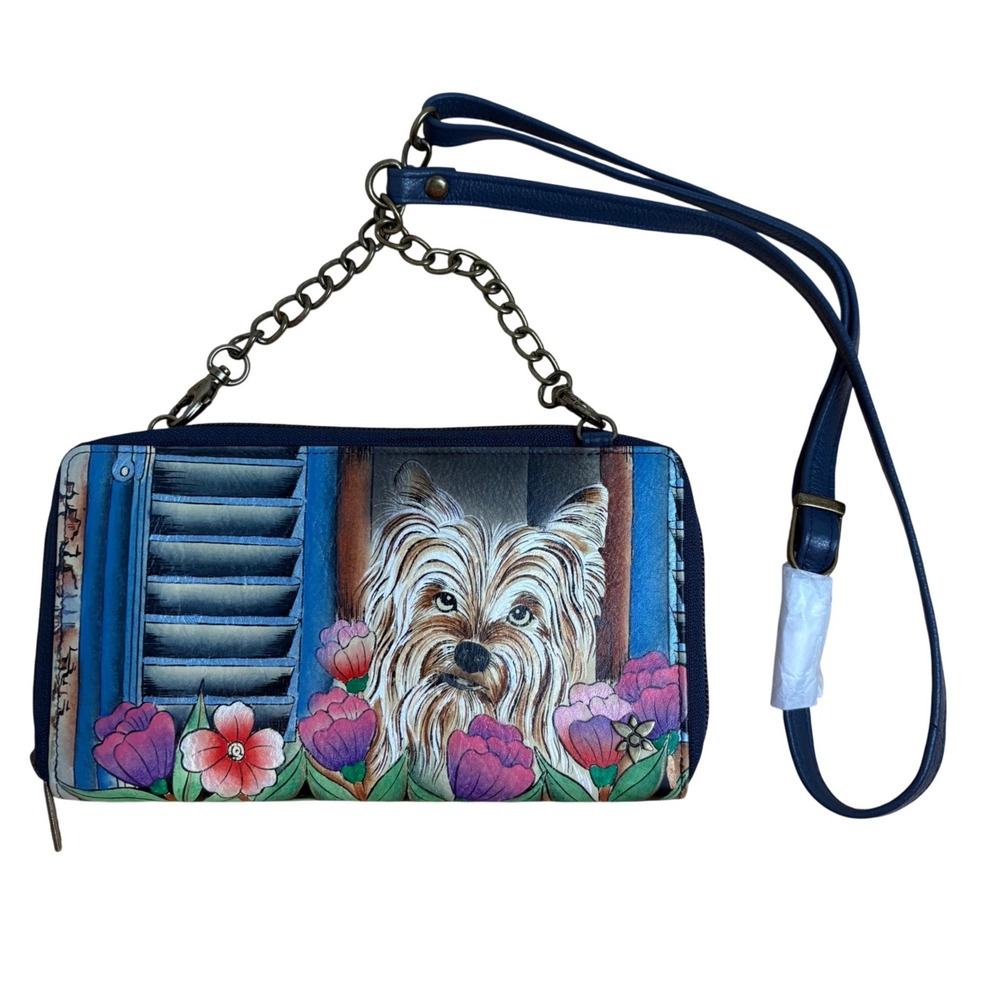 Anuschka Hand Painted Leather Happy Pup Yorkie Dog Crossbody Wallet RFID